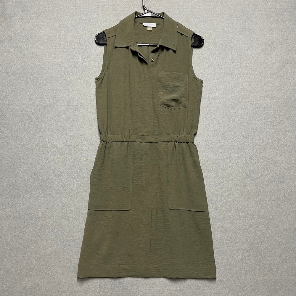 Calvin Klein Dress Women Size 4 Green Shirtdress Sleeveless Safari Baggy Pockets